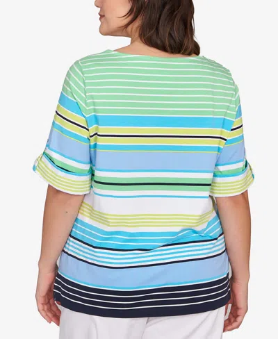 Ruby Rd. Plus Size Multi Stripe Roll Tab Top In Green