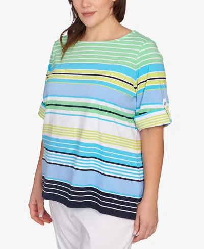Ruby Rd. Plus Size Multi Stripe Roll Tab Top In Green