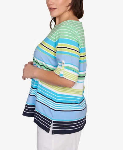 Ruby Rd. Plus Size Multi Stripe Roll Tab Top In Green