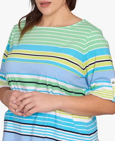 Ruby Rd. Plus Size Multi Stripe Roll Tab Top In Green