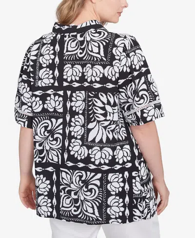 Ruby Rd. Plus Size Lotus Patchwork Button Front Camp Shirt In Black