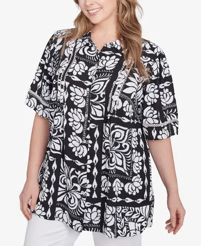 Ruby Rd. Plus Size Lotus Patchwork Button Front Camp Shirt In Black