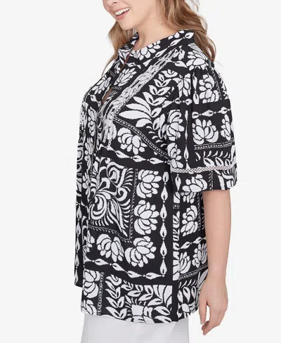Ruby Rd. Plus Size Lotus Patchwork Button Front Camp Shirt In Black