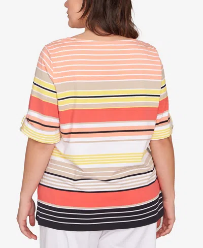 Ruby Rd. Plus Size Multi Stripe Roll Tab Top In Red