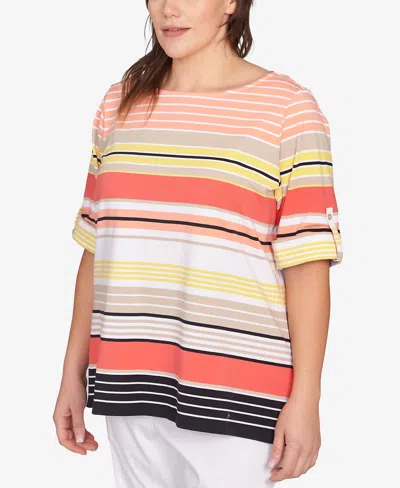 Ruby Rd. Plus Size Multi Stripe Roll Tab Top In Red