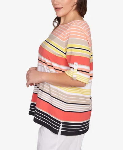 Ruby Rd. Plus Size Multi Stripe Roll Tab Top In Red