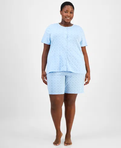 Charter Club Plus Size Cotton Floral Bermuda Pajamas Set, Created For Macy's In Blue