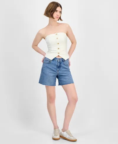 And Now This Women's Button-front Smocked-back Denim Tube Top, Exclusively At Macy's In White