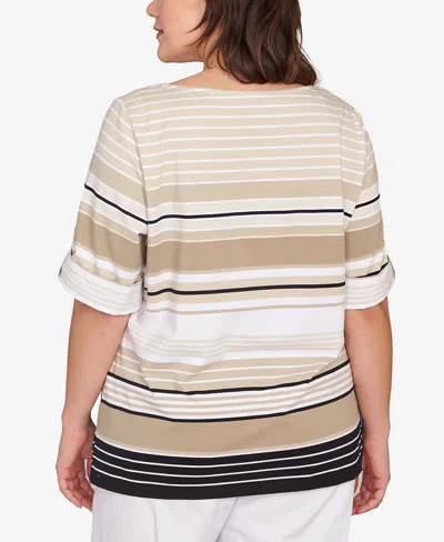 Ruby Rd. Plus Size Multi Stripe Roll Tab Top In Neutral