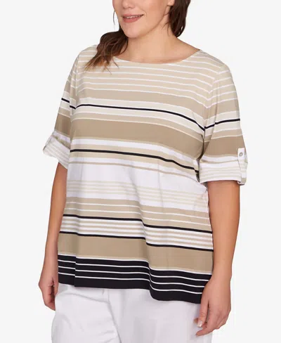 Ruby Rd. Plus Size Multi Stripe Roll Tab Top In Neutral