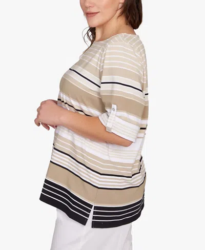Ruby Rd. Plus Size Multi Stripe Roll Tab Top In Neutral