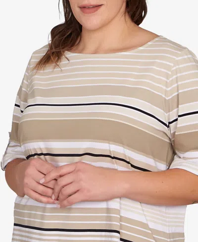 Ruby Rd. Plus Size Multi Stripe Roll Tab Top In Neutral