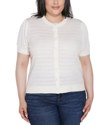 Belldini Women's Pointelle Scalloped Placket Cardigan Sweater In White