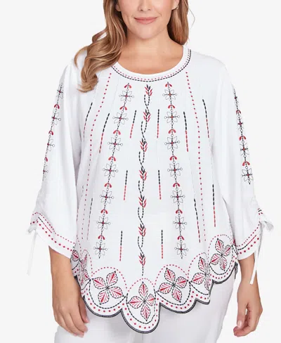 Ruby Rd. Plus Size Embroidered Bali Tie Sleeve Top In White