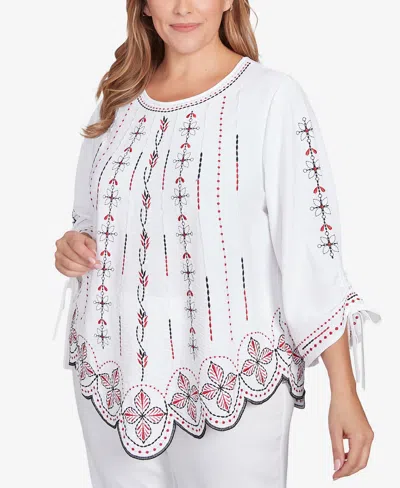 Ruby Rd. Plus Size Embroidered Bali Tie Sleeve Top In White