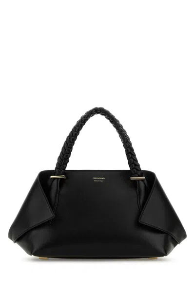 Ferragamo Structured Handbag With Braided Handle And Folded Accents In Black
