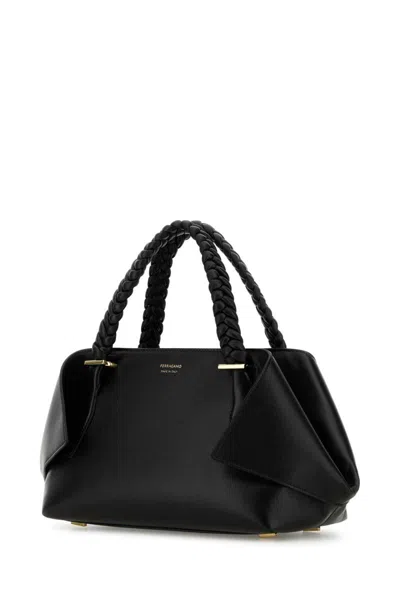 Ferragamo Structured Handbag With Braided Handle And Folded Accents In Black