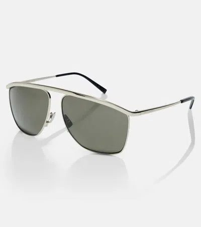 Saint Laurent Victoire Aviator-frame Metal Sunglasses In Gray
