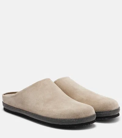 Brunello Cucinelli Bead-embellished Suede Mules In Neutral