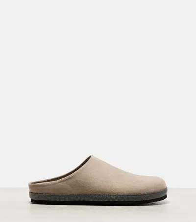 Brunello Cucinelli Bead-embellished Suede Mules In Neutral