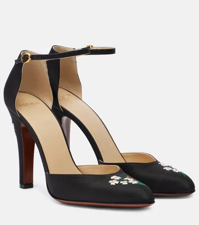 Valentino Floral Embroidered Round Toe Ankle Strap Pumps In Black