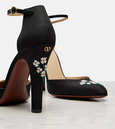 Valentino Floral Embroidered Round Toe Ankle Strap Pumps In Black