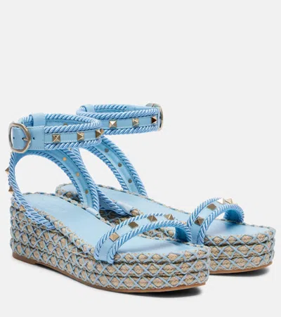 Valentino Garavani Rockstud Torchon Flatform Espadrilla Sandal In Blue