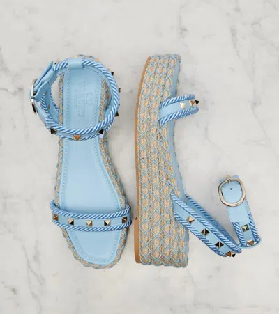 Valentino Garavani Rockstud Torchon Flatform Espadrilla Sandal In Blue
