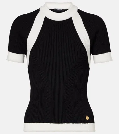 Balmain Ribbed Panelled Knit Top In Black