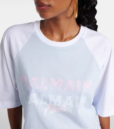 Balmain Paris Print Crew Neck Cropped T-shirt In Blue