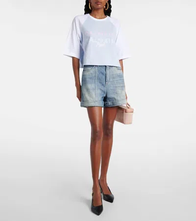 Balmain Paris Print Crew Neck Cropped T-shirt In Blue