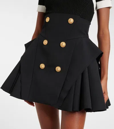 Balmain Button-embellished Pleated Grain De Poudre Wool Mini Skirt In Black