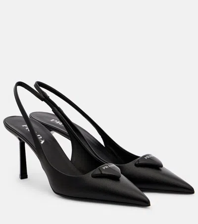 Prada Saffiano Leather Slingback Pumps In Black