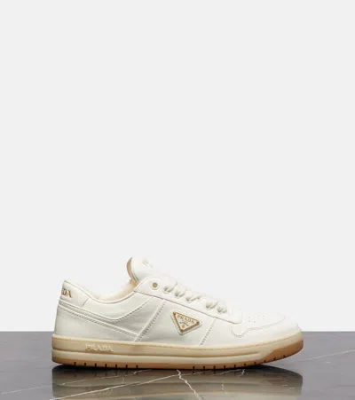 Prada Streamlined Leather Low-top Sneakers With Metallic Accent
