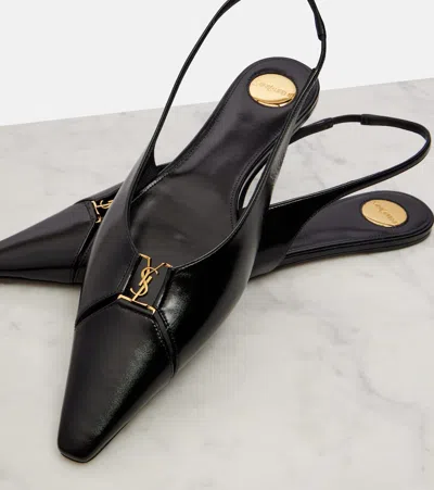 Saint Laurent Babylone Leather Ysl Slingback Ballerina Flats In Black