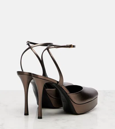 Saint Laurent La Scandale Metallic Leather Ankle-strap Sandals In Brown