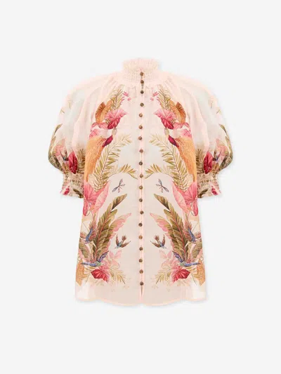 Zimmermann Ascension Embellished Shirred Floral-print Ramie Blouse In Multi