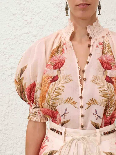 Zimmermann Ascension Embellished Shirred Floral-print Ramie Blouse In Multi