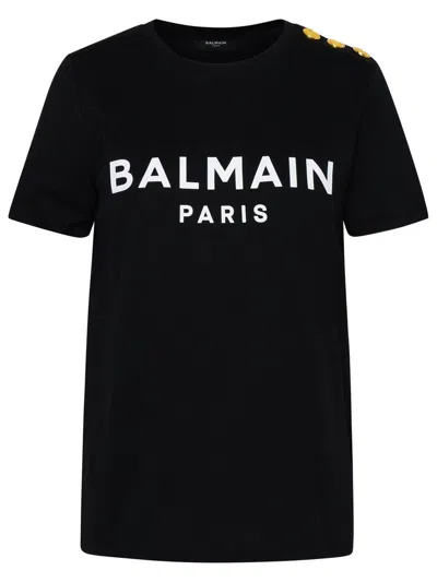 Balmain Black Crewneck T-shirt With Logo Print And Golden Buttons In Jersey Woman