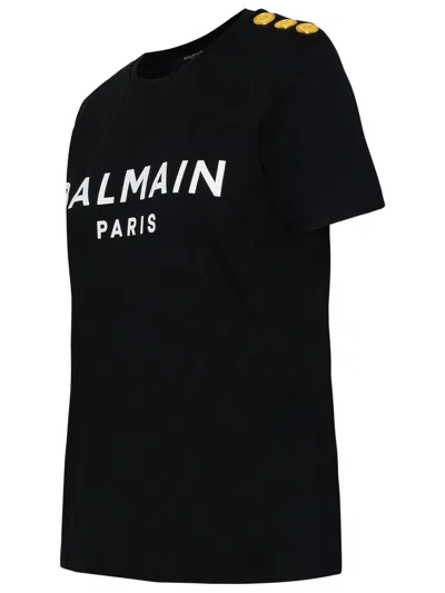 Balmain Black Crewneck T-shirt With Logo Print And Golden Buttons In Jersey Woman