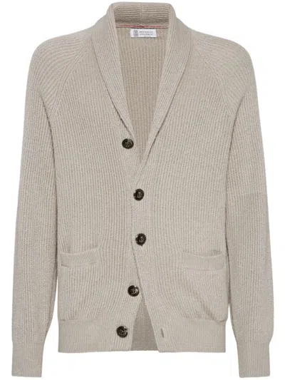 Brunello Cucinelli Ribbed Cotton Shawl Collar Cardigan