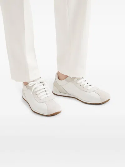 Brunello Cucinelli Embellished Suede-trimmed Stretch-knit Sneakers In White