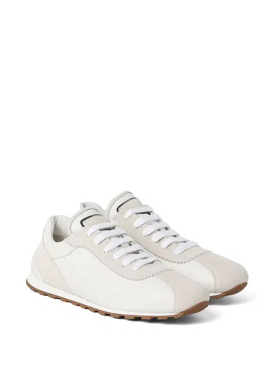 Brunello Cucinelli Embellished Suede-trimmed Stretch-knit Sneakers In White
