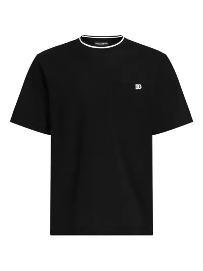 Dolce & Gabbana Black Crewneck T-shirt With Logo Embroidery On The Front