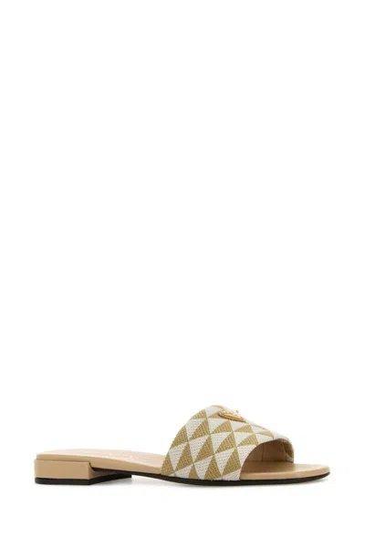 Prada Geometric Pattern Fabric Open Toe Slippers In Neutral