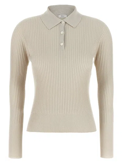 Peserico Collared Ribbed Polo Shirt With Long Sleeves In White