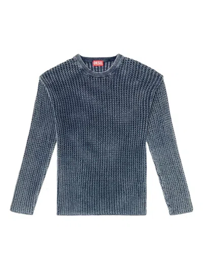 Diesel Textured Knit Crewneck Sweater With Ribbed Finish In Blue