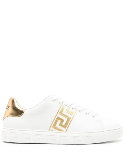 Versace Leather Sneakers With Embroidered La Greca Motif In White