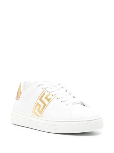 Versace Leather Sneakers With Embroidered La Greca Motif In White