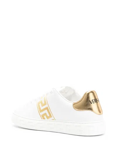 Versace Leather Sneakers With Embroidered La Greca Motif In White